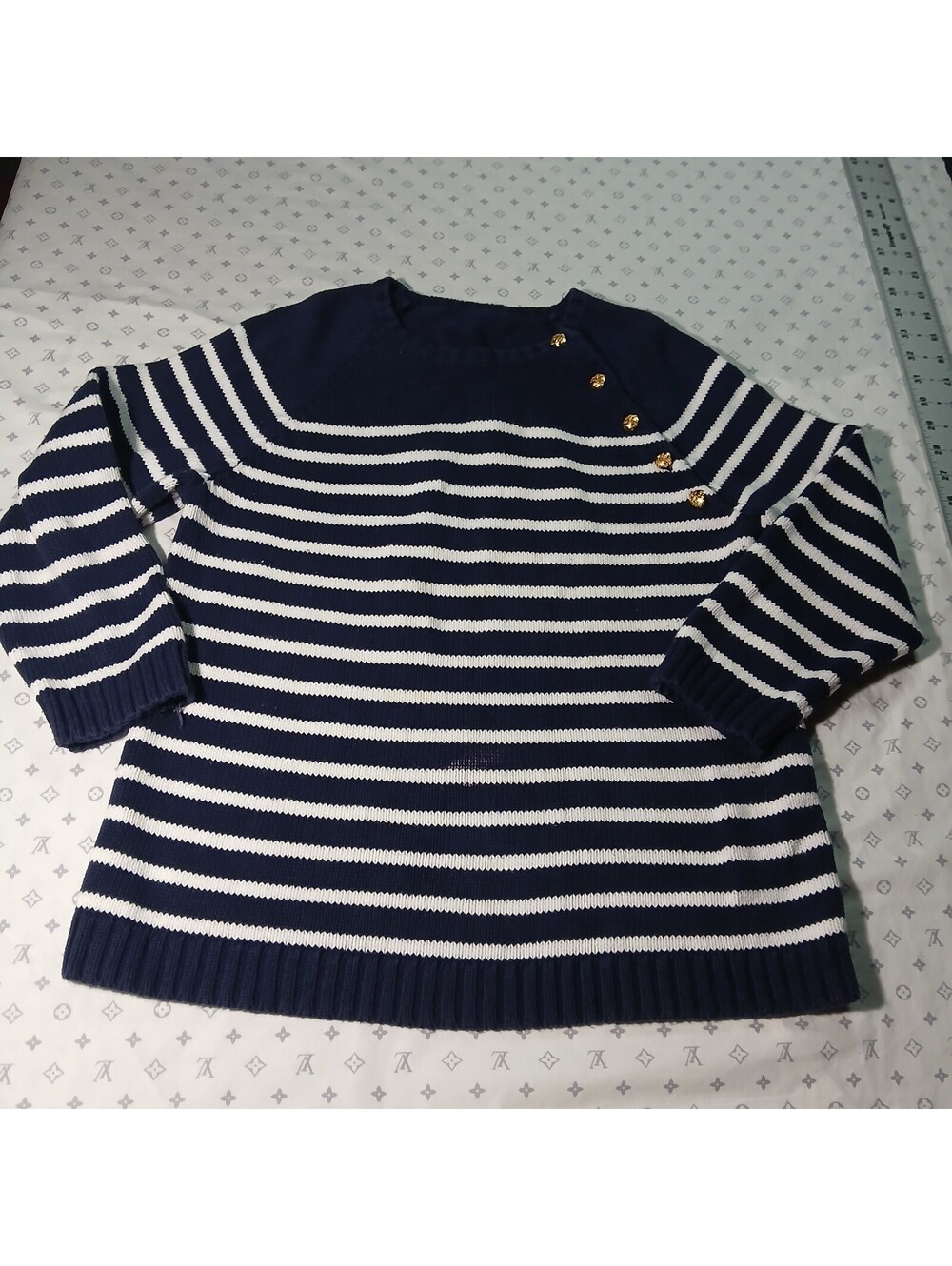 Vintage Y2K Grunge Retro Womens Navy And White Striped Knit Sweater Size L